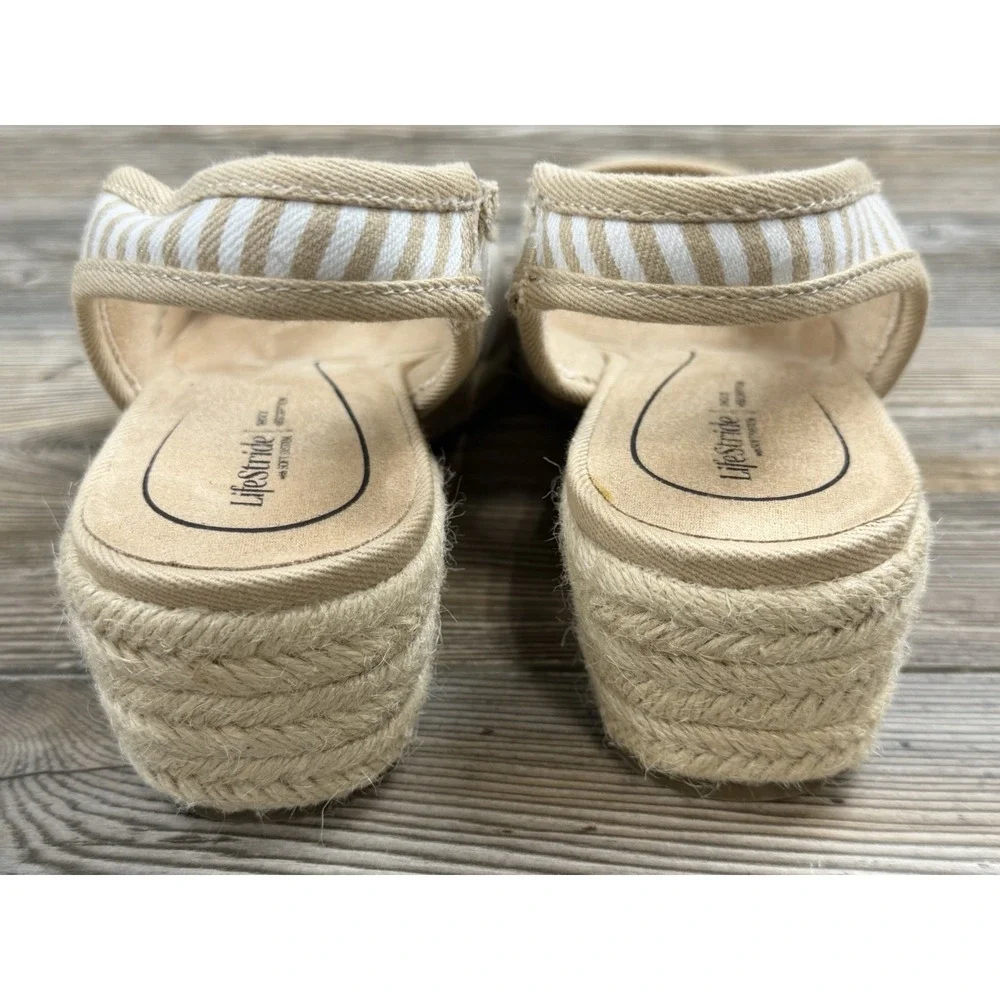 LifeStride Women's Kayden Wedge Sandal Womens Size 9W (Wide) Beige/ White Stripe